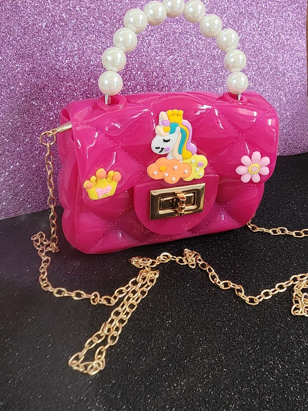 Pink Unicorn Pearl-Handle Kids Crossbody Jelly Purse